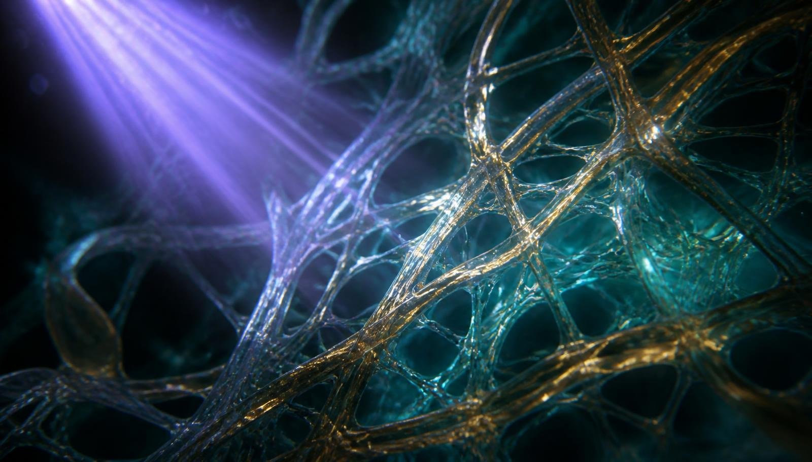 Representação da trama de colágeno da córnea sob luz ultravioleta