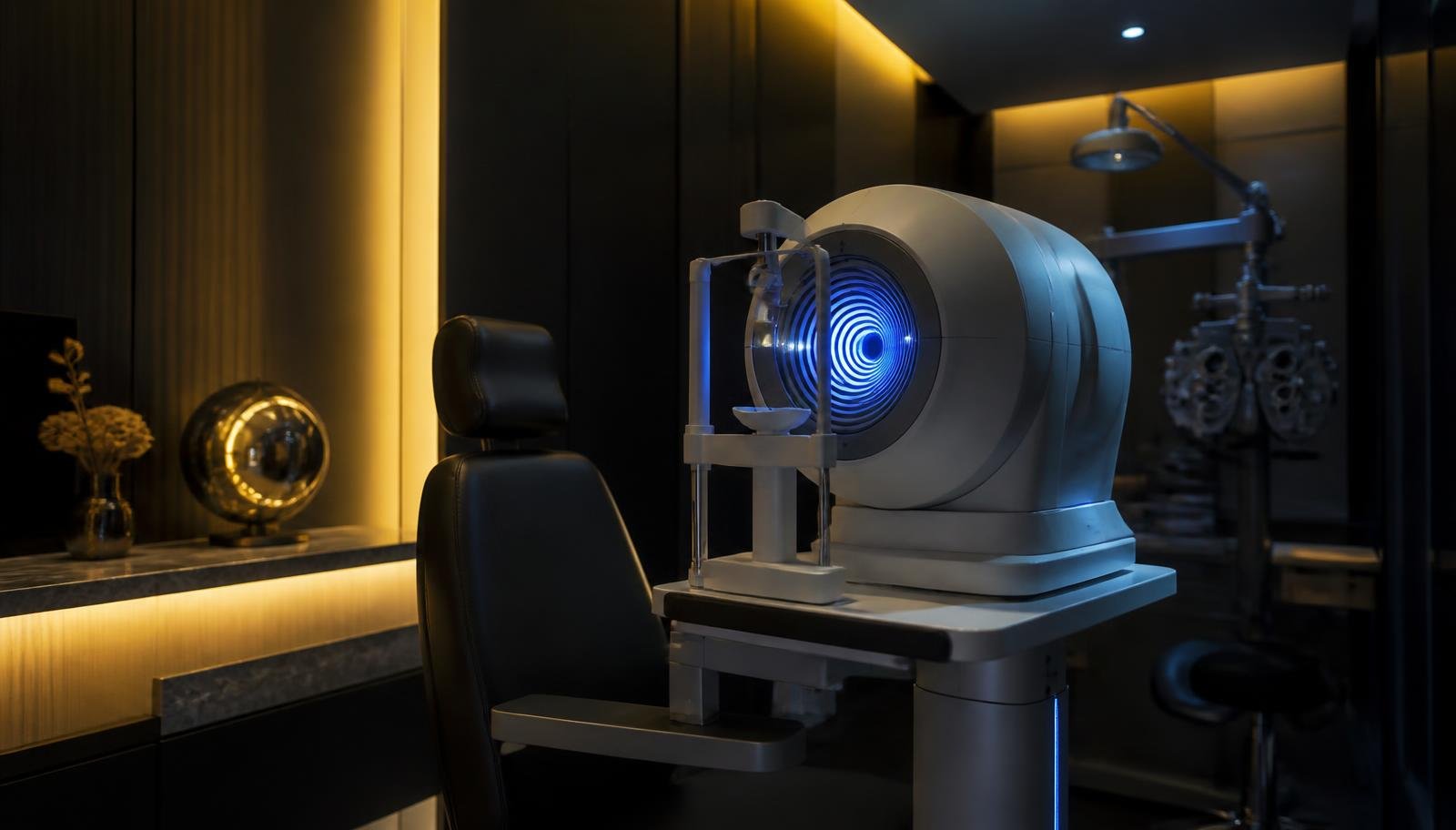 Equipamento de exame oftalmológico com luz azul em ambiente clínico